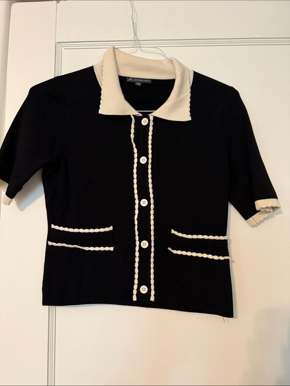 Adrianna Papell Black and Cream Collared Knit Cardigan